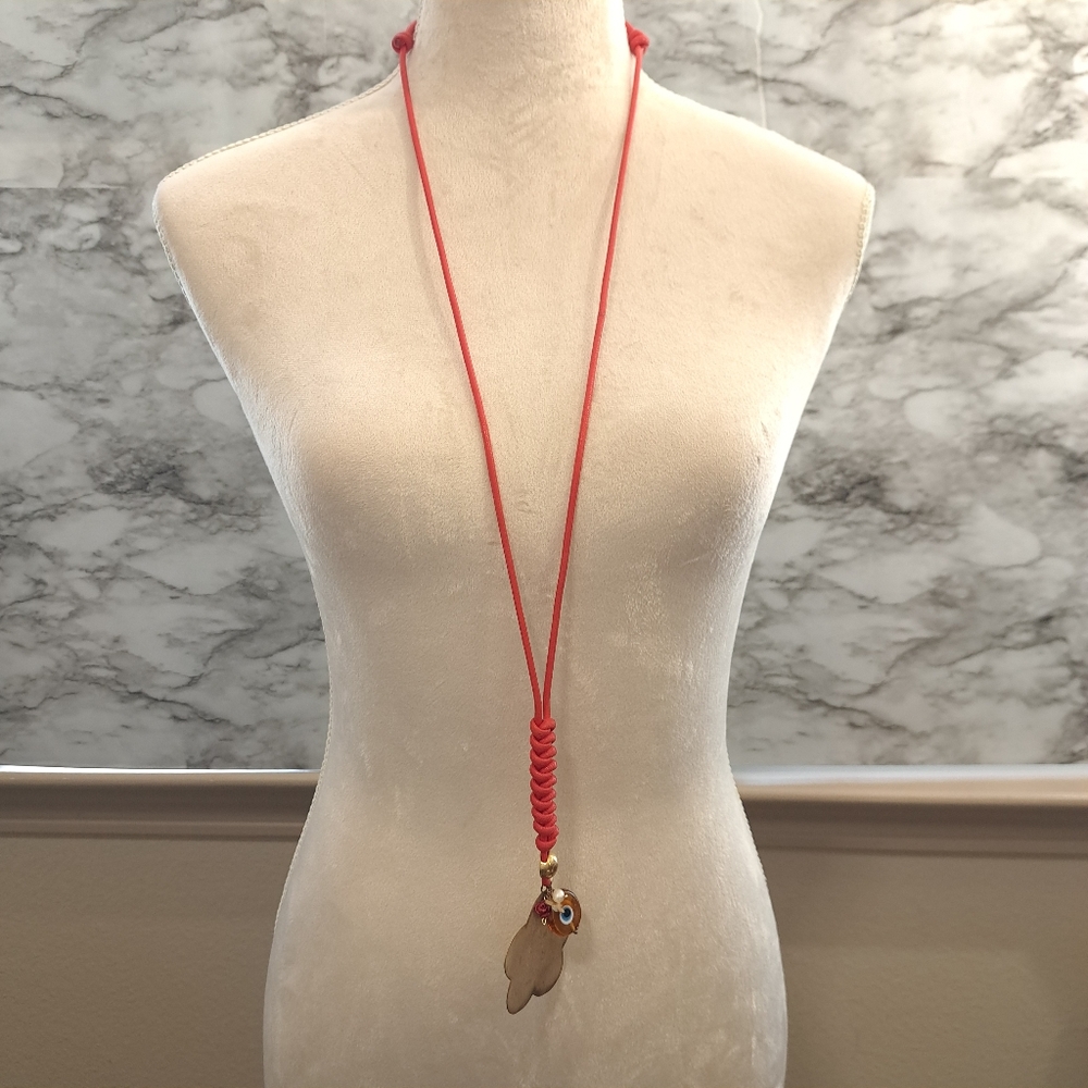 Women' Handmade Flower Pendant Cord Necklace Red/Gold‎ Boho,Brass 22.5 Inches